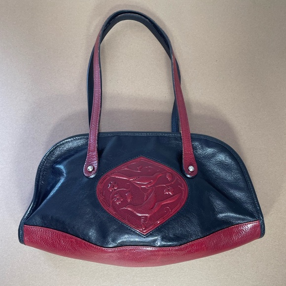 Handmade Turtle Ridge Black/Red Leather Shoulder Bag/Purse w Tooled Birds (Rare) - Picture 2 of 14